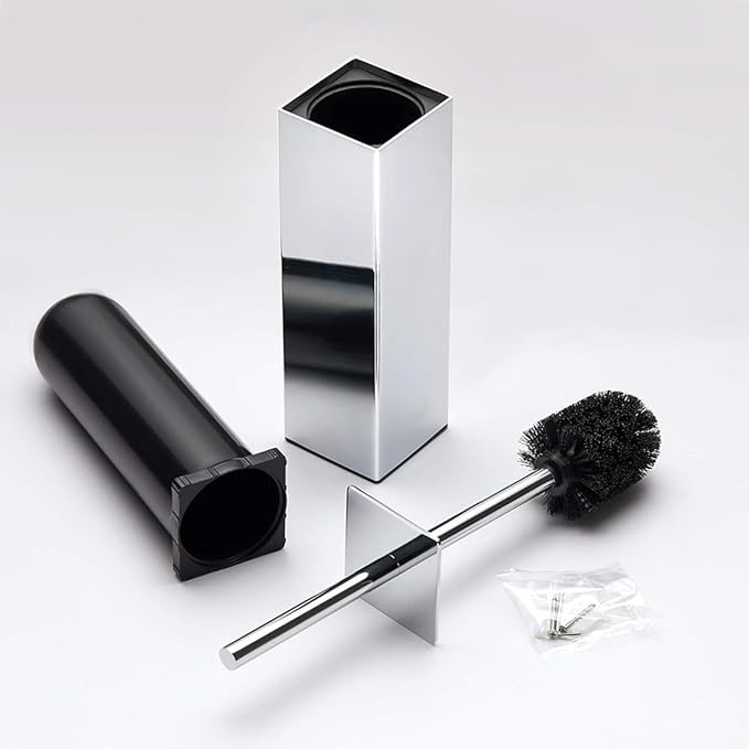 Kelirol Chrome Square Stainless Steel Toilet Brush with Holder, 304 Modern Toilet Brush Set – Rust Resistant, Long Handle, Replacement Heads, Floor Standing Bathroom Toilet Cleaning Brush
