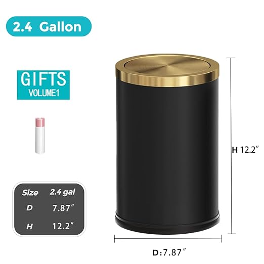 Stainless Steel Wastebasket, Small Black and Gold Trash Can with Lid, 9L / 2.4 Gallon for Bathroom, Bedroom, Office, Hotel