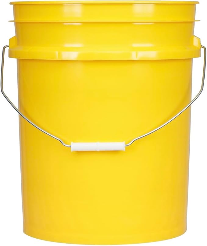 House Naturals 5 Gallon Plastic Yellow Food Grade BPA Free Made in USA Bucket Pail with Air Tight Double Gasket Screw on Lid(Pack of 3) (Yellow and Green lids)