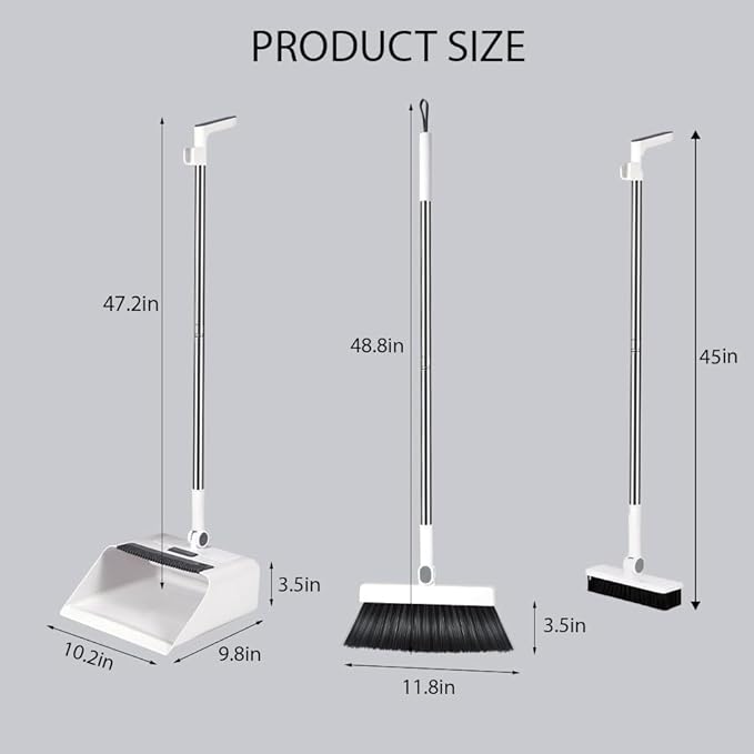 PAYWROK Upgrade Broom with Dustpan Combo Set,Long Handle Self-Cleaning Dust Pan and Brush Set 4-Row Dense Bristles,Indoor Broom Set (White)