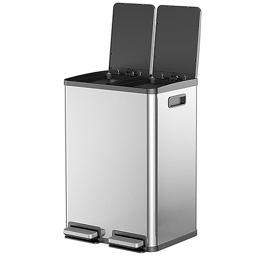 Elevon Kitchen Trash Can with Lid, 2 x 8 Gallon Garbage Can, with Soft-Close Foot Pedal and Removable Inner Bucket, 60 Liter Large Stainless Waste Bin for Bathroom Bedroom Home Office