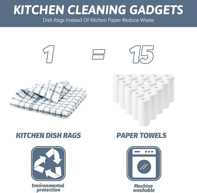Nialnant 12PCS Kitchen Towels and Dishcloths Sets,100% Cotton Soft Absorbent Quick Drying Dish Towels for Kitchen,Washing Dishes-Little Blue Plaid,12 x 12 in