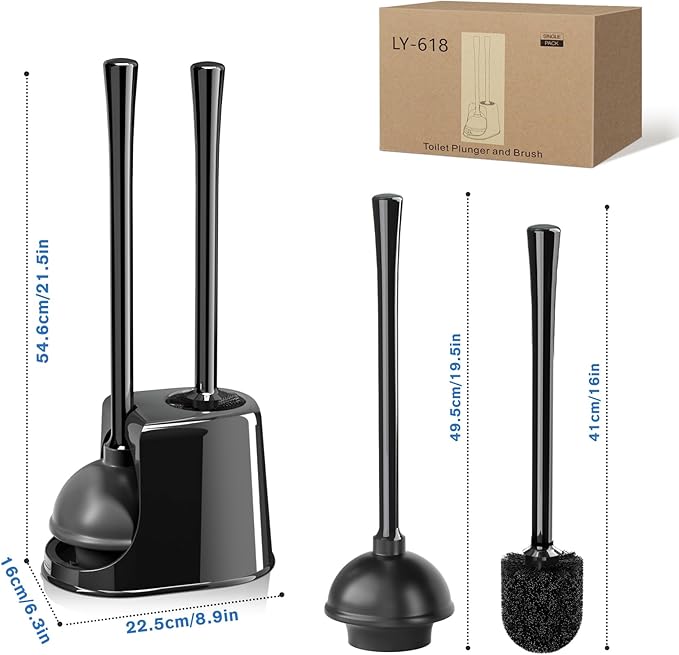 Toilet Plunger and Brush Set, Bowl Brush and Heavy Duty Toilet Brush with Ventilated Holder, 2-in-1 Toilet Brush and Plunger Combo for Bathroom Deeply Cleaning