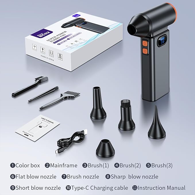 TILLMANER BC02 Cordless Air Duster, 130K RPM, 180W, 3-Speed + Turbo, 6000mAh Fast Charge, Aluminum, for PC/Keyboard/Car, Cosmic Gray
