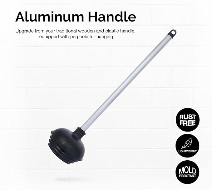 NEIKO 60166A Toilet Plunger with Patented All-Angle Design, Heavy-Duty Toilet Bowl Plunger with Aluminum Handle, Bathroom Necessity, Black, 1-Pack