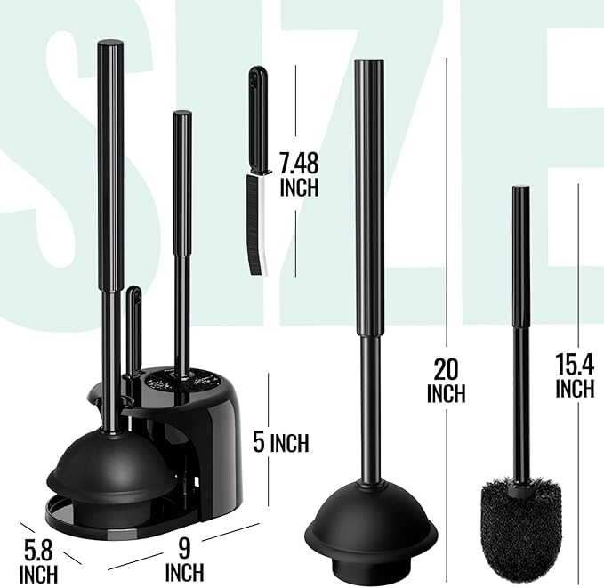 4PACK 3 in 1 Toilet Brush and Plunger Set with Crevice Cleaning Brush, Toilet Plunger and Brush Set with Extra Long Handle, Plungers for Bathroom Accessories, Abrasive Spiral Brushes, Black