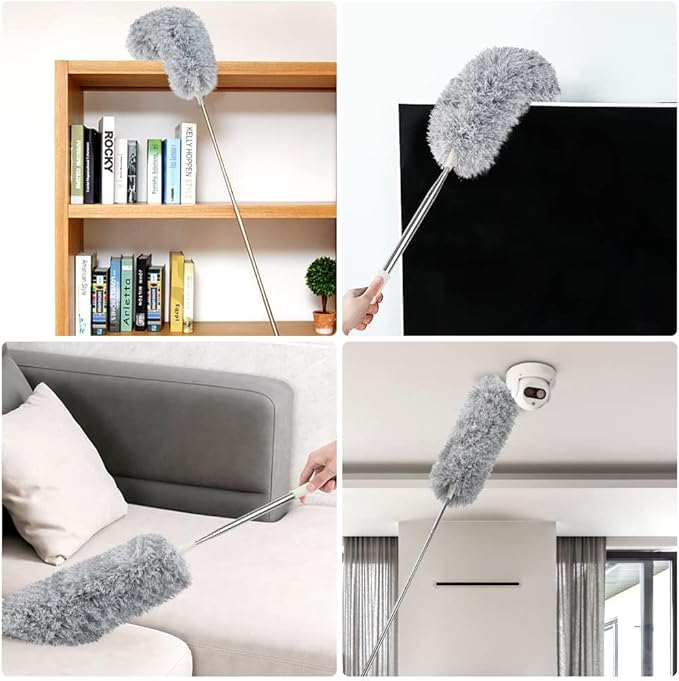 OFFCUP Microfiber Feather Duster, Extendable Dusters with Extra Long 100 inches Telescopic Pole and Bendable Head, Hand-Duster for Cleaning High Ceiling Fans, Cars, Blinds, Cobweb (Grey)