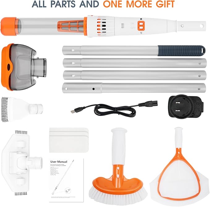 All in ONE Rechargeable Pool & Spa Hot Tub Vacuum Cleaner - Dual Mode & Magnetic Drive System, 25µm Ultra Fine Mesh Filters for Hot Tub, Small Above Ground Pools, 60 Mins (Orange)