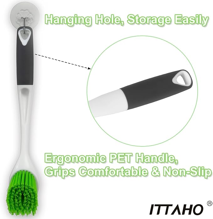 ITTAHO Dish Scrubber Set, Kitchen Brush for Cleaning with Scraper Edge, Green Multi-Purpose Scrub Brush with Handle for Dishes,Sink,Pots,Pans,Shower,Tile,Tubs - 3 Pack