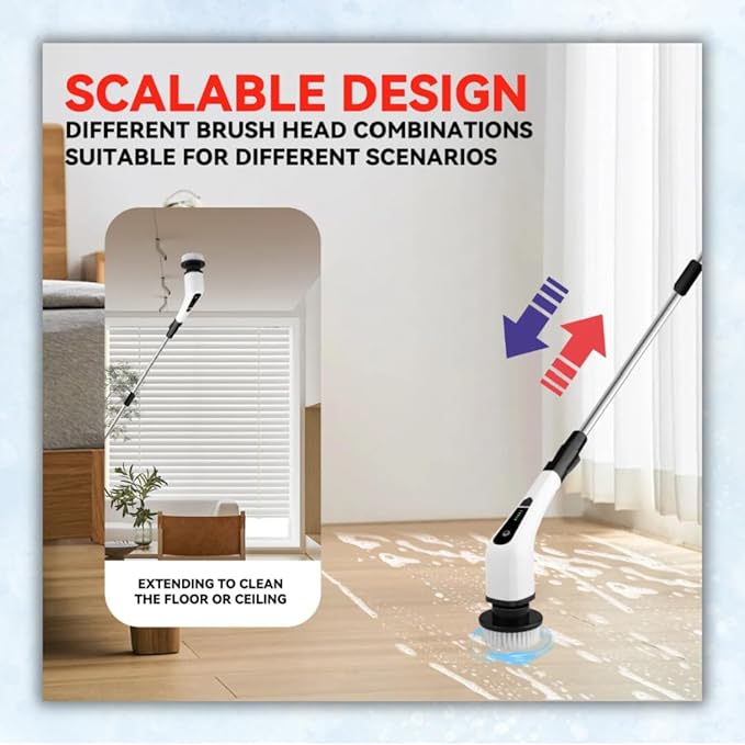 Electric Spin Scrubber, Cordless Cleaning Brush with 8 Replaceable Heads, Adjustable Handle, Dual Speed Power Scrubber for Bathroom, Bathtub, Floor, Tile, and Kitchen Cleaning