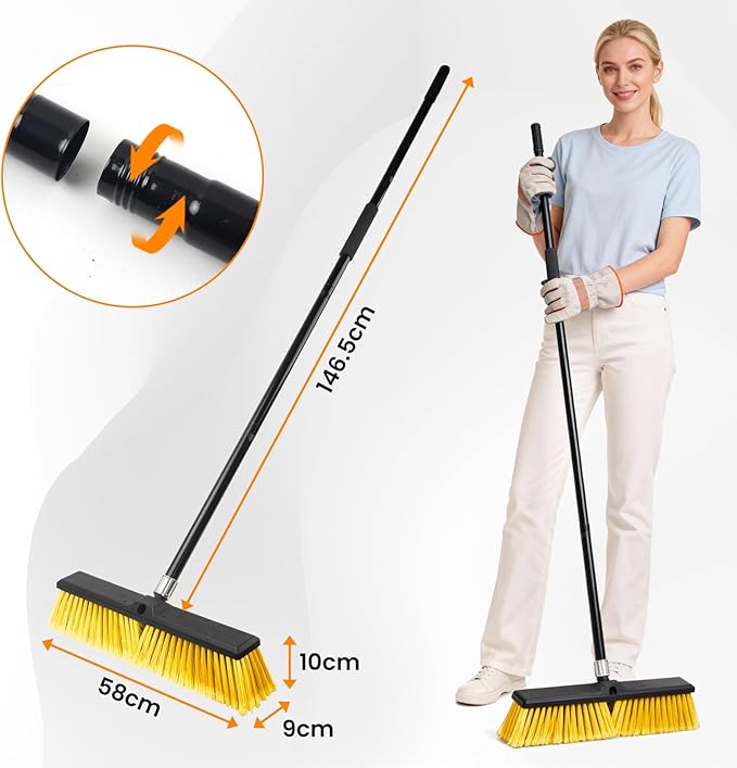 TOMAIX 18 Inches Push Broom Outdoor,Commercial Broom Brush,Stiff Bristle Brush with 61.8 inches Long Handle for Patio Garage Deck Street Shop Warehouse Lawn Driveway -2 Pack