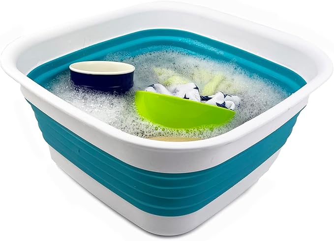 SAMMART 8L (2.1 Gallon) Collapsible Tub - Foldable Dish Tub - Portable Washing Basin - Space Saving Plastic Washtub (White/Ceramic Blue (Set of 2))