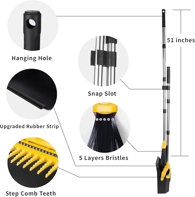 Broom with Dustpan Combo Set, Brooms and Dustpans Sets with 51'' Long Handle, Large Dust Pan and Broom, Self-Cleaning Dustpan Teeth for Lobby Kitchen Office - Black and Yellow