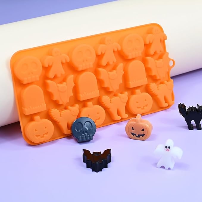 mostsom Chocolate Mold Halloween Silicone Chocolate Molds Pumpkin Bat Skull Ghost Spider Shape Baking Molds for Jelly Soap Fondant Candy Pastry Cake Decorating (H_9x4.6x0.52 inch)