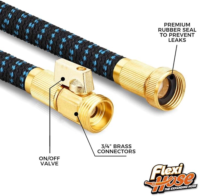 Flexi Hose with 8 Function Nozzle, 25FT - Lightweight Expandable Garden Hose, No-Kink Flexibility, 3/4 Inch Solid Brass Fittings and Double Latex Core