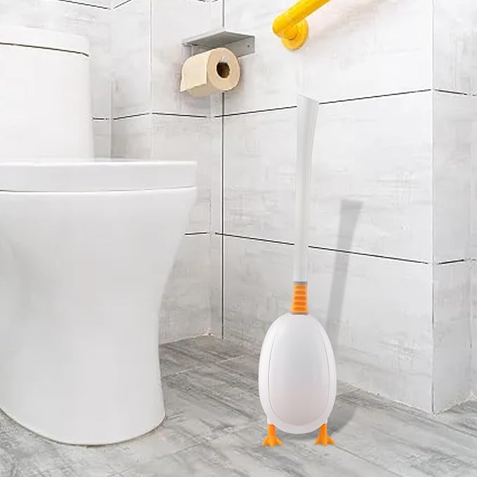 Duck Silicone Toilet Brush and Holder Set with 360° Curved Head for Deep Cleaning, Easy Storage, White/Yellow(White)