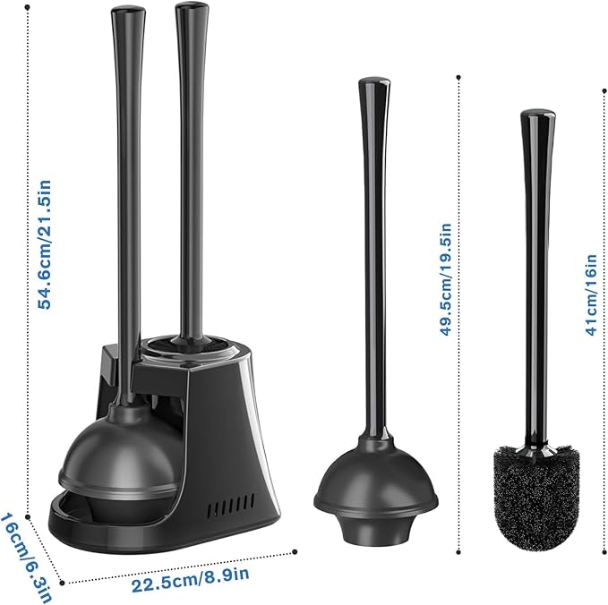 Toilet Plunger and Brush, 2 Pack Bowl Brush and Heavy Duty Toilet Plunger Set with Ventilated Holder, 2-in-1 Toilet Brush and Plunger Combo for Bathroom Cleaning (Black)
