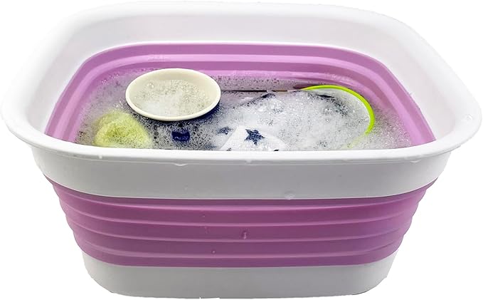 SAMMART 8L (2.1 Gallon) Collapsible Tub - Foldable Dish Tub - Portable Washing Basin - Space Saving Plastic Washtub (White/Pale Purple)