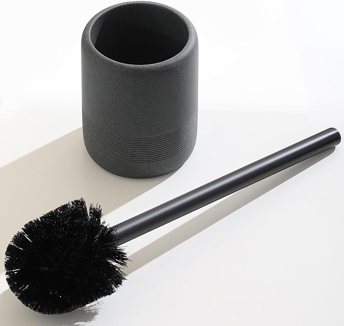 Haocoott Toilet Brush and Holder Set, 2 PCS Decorative Toilet Bowl Brush and Holder Set Bathroom Aceessories Toilet Scrubber Brush Set with Heavy-Weight Resin Base with Long Handle (Black)