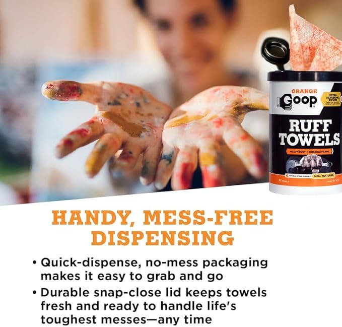 GOOP Heavy Duty Ruff Towels with Scrubbing Power, 10” x 12” Dual Textured Multi-Purpose Cleaning Wipes, Removes Dirt, Grease, Oil - 6 Pack