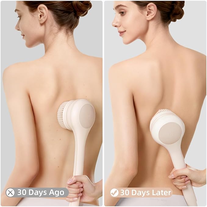 Oh,XIYU. Electric Body Brush Back Scrubber for Shower, Waterproof Long Dual Handle Power Body Scrubber with 3 Heads, Rechargeable Bath Brush & 2 Speeds, for Cleansing, Exfoliating and Massaging Skin