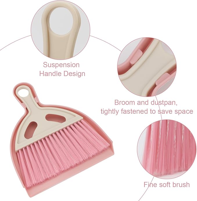 Brosay Mini Dustpan and Brush Set Portable Small Broom with Dust Pan Handheld Hangable Whisk Broom and Dust Pan for Home, Kitchen, Table, Office, Car 1 Pcs (Pink)