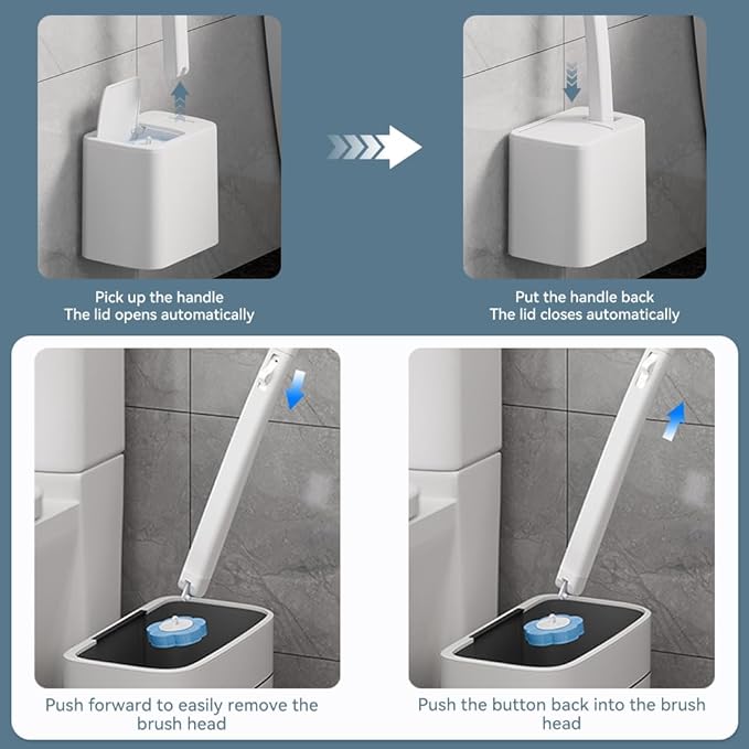 Dexmary Disposable Toilet Brush Set with Holder, Angled Cleaning Wand with 24 Refill Heads, Wall-Mounted Hygienic Toilet Cleaner (Ocean, Lemon, Lavender Scents)