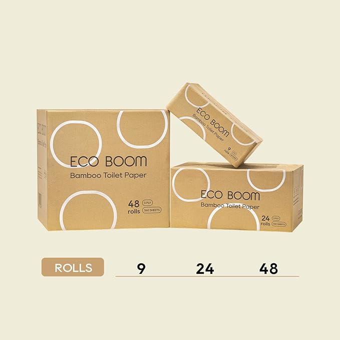 ECO BOOM Toilet Paper 100% Bamboo 3-fly, Tree Free & Chemical Free Packaging, 24 mega Rolls, 360 Sheets|PFAS Free, BPA Free, Septic Safe & FSC Certified