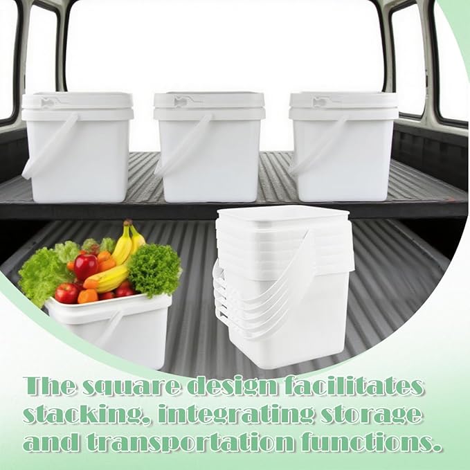 6 Pcs 2.2 Gallon Square Buckets with Lid Duty Plastic Stackable Multipurpose Bucket Suitable for Food Storage Garage car wash Paint Buckets Live Bait Bucket for Fishing (White)