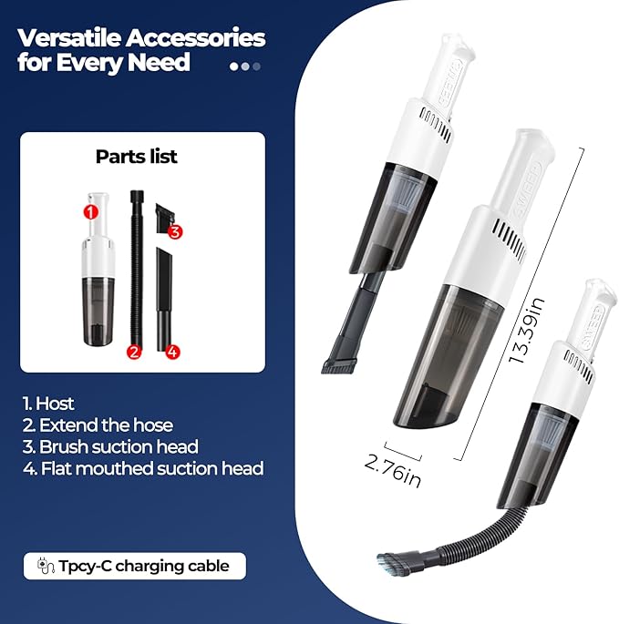 Xquyk Handheld Vacuum Cleaner Cordless, 3600Pa Suction, 50W Motor, Type-C Rechargeable, Bagless HEPA Filter, 20 Min Runtime, Lightweight 0.49 lb, for Car, Sofa, Home, Pet Hair(Black)