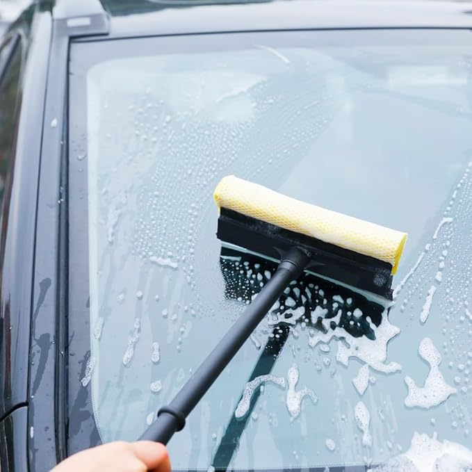 Window Squeegee Set Car Windshield Squeegee with Long Handle, 2 in 1 Sponge Squeegee, Window Cleaning Squeegee for Car Windshield Glass Gas Station Mirror Bathroom