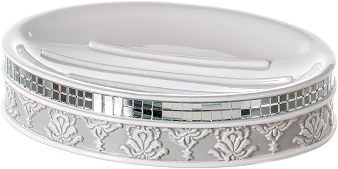 Creative Scents Mirror Damask Bathroom Accessory Set Complete - Decorative 4 Piece White and Gray Bathroom Set Includes: Soap Dispenser, Soap Dish, Toothbrush Holder and Tumbler