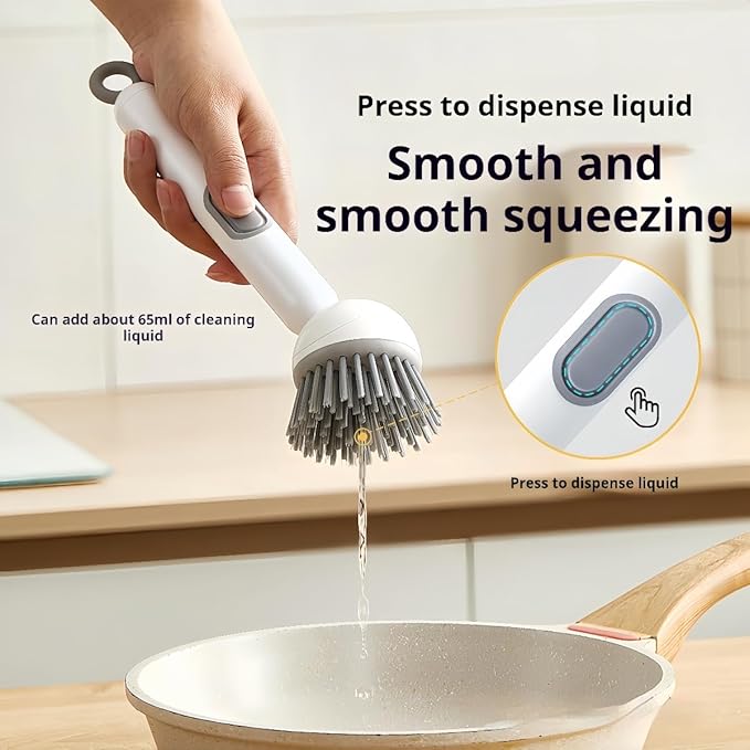 Adjustable Dish Brush with Soap Dispenser, Non-Scratch PET Bristles, Ergonomic Handle, Kitchen Cleaning Tool for Pots, Pans & Sink (Grey, Short Style-1 Piece)