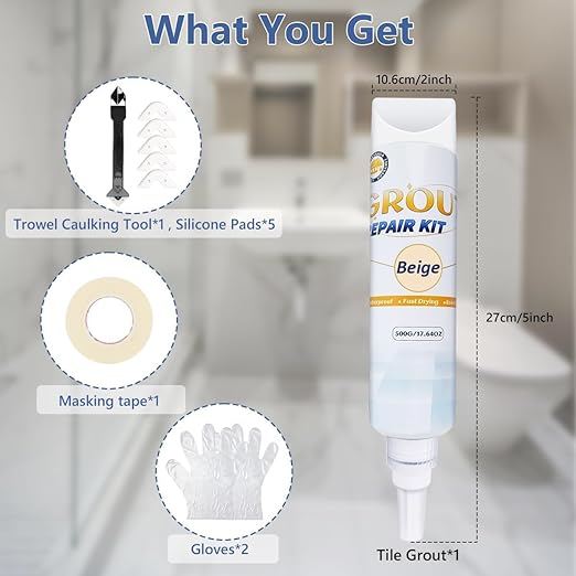 Tile Grout Repair Kit - 17.64oz Beige Grout Filler for Shower, Bathroom & Floor Tile - Waterproof Grout Sealer to Restore & Renew Grout Lines - Quick Drying, Easy to Use Tube