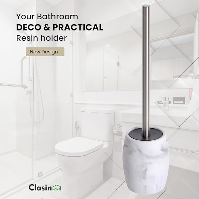 Toilet Bowl Brush and Holder with Stainless Steel Long Handle, Toilet Scrubber Brush with Durable Base, 360° Deep Cleaning Bristles for Bathroom, Compact Set for Small Space (White)