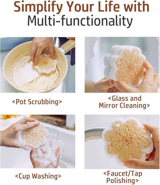 Flower-Shaped Wood Pulp Sponge Scrubber, sponges Kitchen– Dual-Sided Natural Dish Sponge,sponges for Dishes, Eco-Friendly, Quick-Drying, Gentle on Non-Stick Pans (8.5×1.8cm) (10pcs)