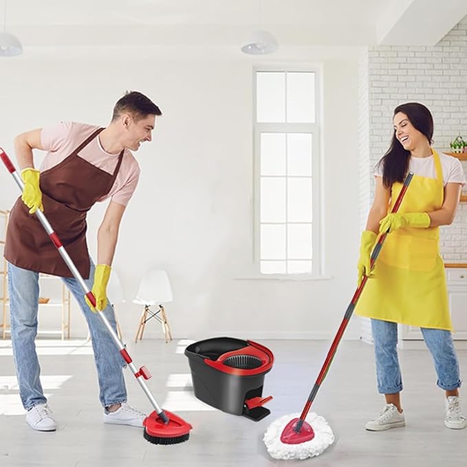Spin Mop Head Replace Compatible with O Cedar EasyWring 1 Tank, Upgraded Scrub Brush and Base, 4 Microfiber Mop Replacement Head, 1 Handle, Easy to Install Attachments