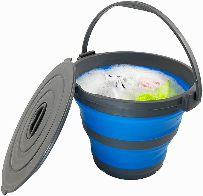 SAMMART 10L (2.64Gallon) Collapsible Fishing Bucket with Locking Lid - Portable Plastic Water Pail - Space Saving Outdoor Waterpot - Trunk Organizer for All Types of Vehicles (Grey/Blue)