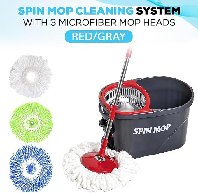 SIMPLI-MAGIC 360° Spin Mop and Bucket with Wringer – 10,000 Spin Cycles – 3 High-Absorbent Microfiber Replacement Heads – Mop and Bucket Set for All Types Floor Cleaning