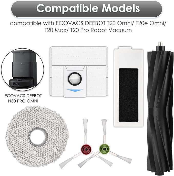 (20 Pack) T20 Omni Replacement Parts for ECOVACS DEEBOT T20 Omni/ T20e Omni/ T20 Max/ T20 Pro Robot Vacuum, 1 Roller Brush, 6 Side Brushes, 4 Dust Bags, 3 HEPA Filters, 6 Mop Pads, Accessories Kit