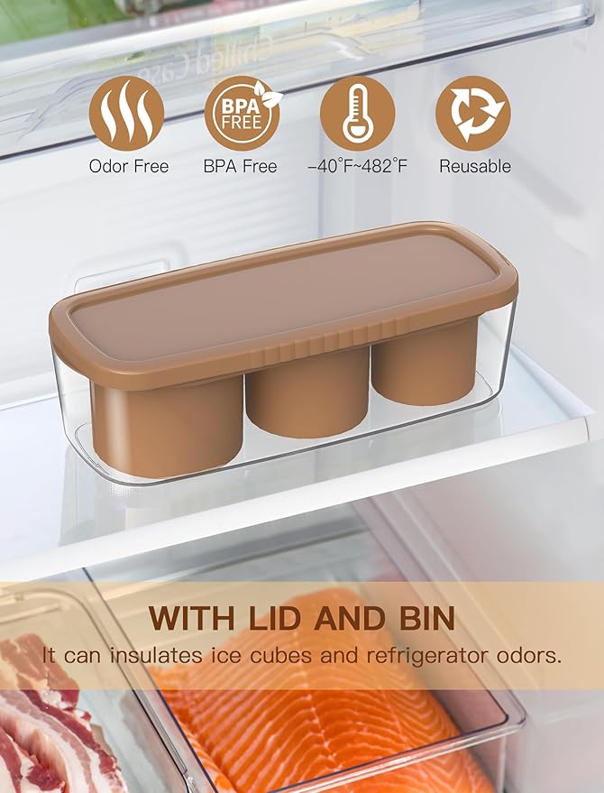 Ice Cube Tray for Tumbler Cup 30Oz-40Oz, 3 Pcs Silicone Cylinder Ice Mold with Lid and Bin for Freezer, Easy Fill and Release Ice Maker for Whiskey, Cocktail BPA-Free