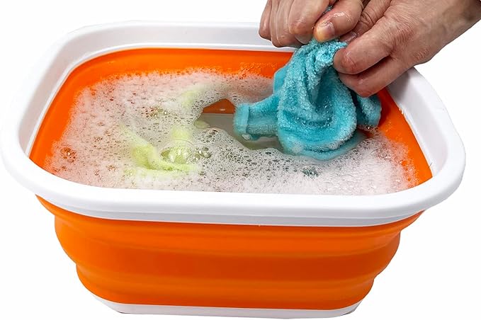 SAMMART 5.5L (1.4 Gallons) Collapsible Tub - Foldable Dish Tub - Portable Washing Basin - Space Saving Plastic Washtub (White/Orange)