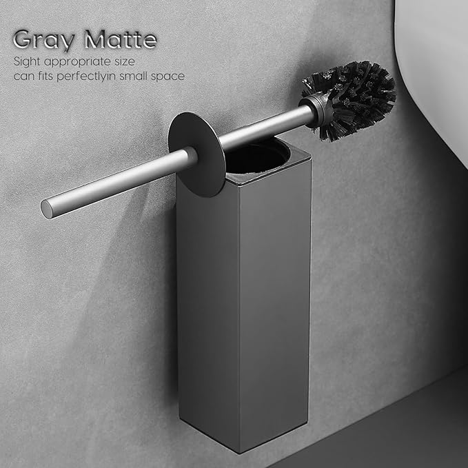 Brushed Gold Stainless Steel Toilet Brush, Square No-Punch Hook Base Toilet Brush Holder Removable Inner Bucket and Splash Proof Cover - Soft Bristles (Non-Drill Square Plastic caps Gray)