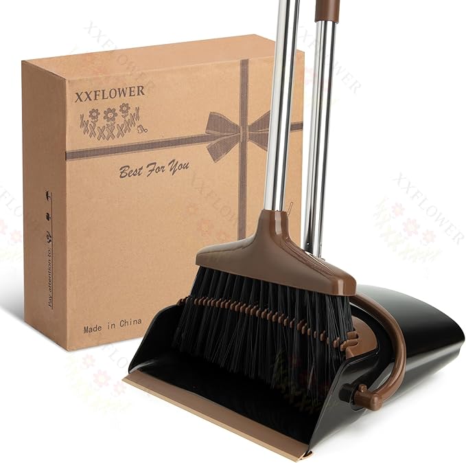 XXFLOWER Broom and Dustpan Set with Long Handle, Light Weight Stainless Steel Poles Stand Upright Dustpans with Broom Combo for Home Kitchen Office Pet Dog Hair, 1-Pack (Black Brown)