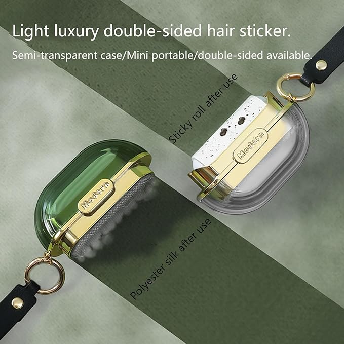 Handy Double-Sided Travel Lint Roller with Hand Strap, 7-Fill Luxury Clothing Bag Dust Fluff Adhesive Reusable Mini Extra Adhesive Dog Cat Pet Adhesive, Small Pocket Reusable Lint (Green)