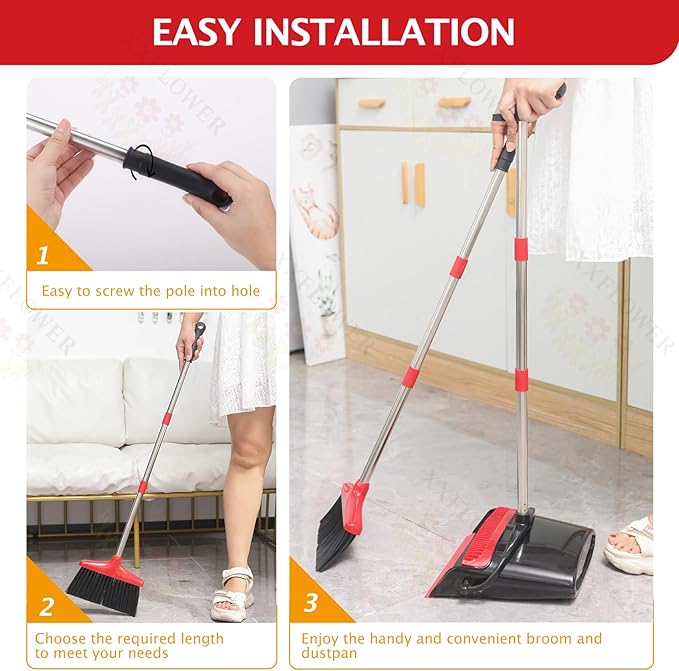 XXFLOWER Broom and Dustpan Set with Long Handle, Light Weight Stainless Steel Poles Stand Upright Dustpans with Broom Combo for Home Kitchen Office Pet Dog Hair, Black & Red Color, 1-Pack