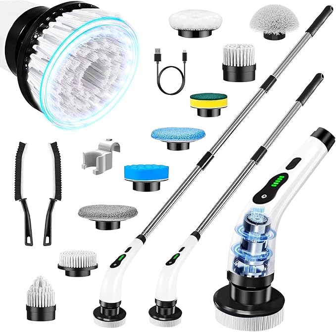 Electric Spin Scrubber-13in1 Cordless Electric Cleaning Brush-9 Replaceable Brush Heads-2 Speeds Shower Scrubber-3 Adjustable Size Handle-IPX7 Waterproof Bathroom Cleaner,Crevice Brush,Tile,Walls,Tub