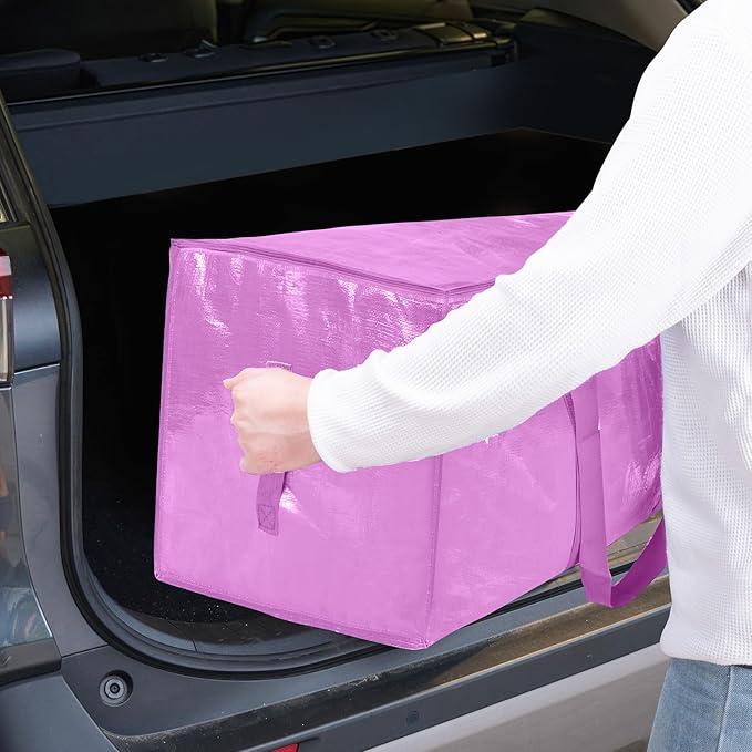TICONN 6 Pack Extra Large Moving Bags with Zippers & Carrying Handles, Heavy-Duty Storage Tote Moving Boxes for Space Saving (6 Pack, Pink)