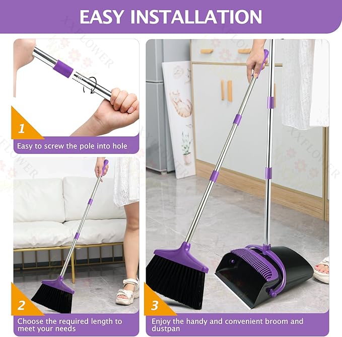 XXFLOWER Broom and Dustpan Set with Long Handle, Light Weight Stainless Steel Poles Stand Upright Dustpans with Broom Combo for Home Kitchen Office Pet Dog Hair, 1-Pack (Purple)