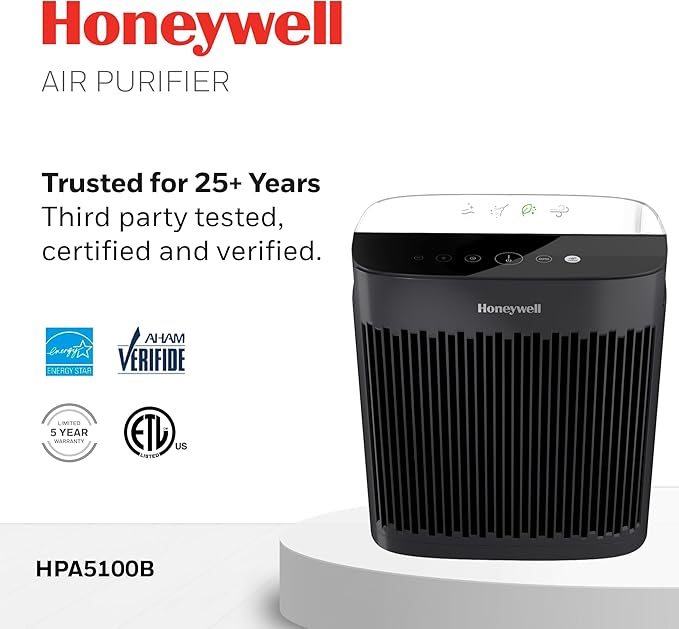 Honeywell HEPA Air Purifier for Home, 938 sq ft Rooms in 1 Hour, Turbo Clean, Reduces Allergens, Dust, Pollen, Pet Dander, All Smoke Types, Odors, Black, HPA5100B